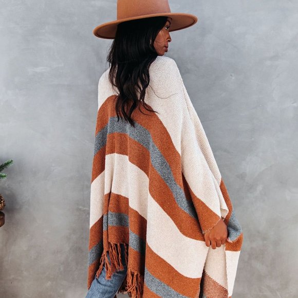 New Western Stripe Fringe Poncho Blanket Cardigan Sweater - Picture 5 of 7
